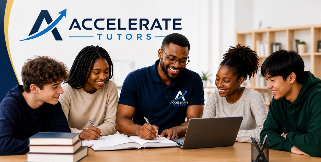 A tutor working with a diverse group of five students